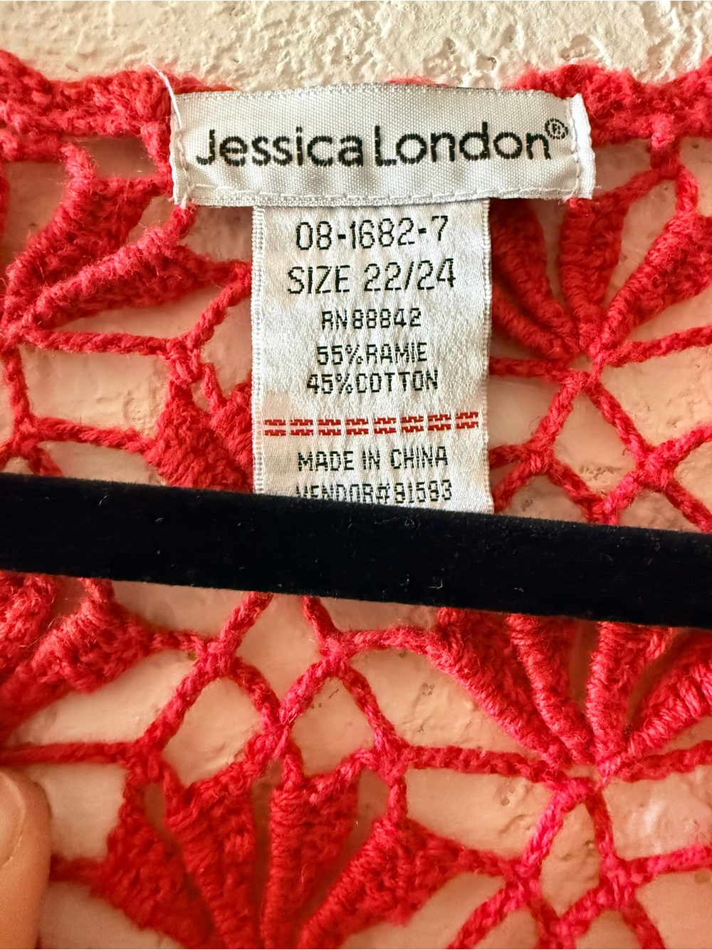 JESSICA LONDON Crochet Knit Button Up Red Shurg Cover Up Cardigan Sz 22/24 - Picture 5 of 10